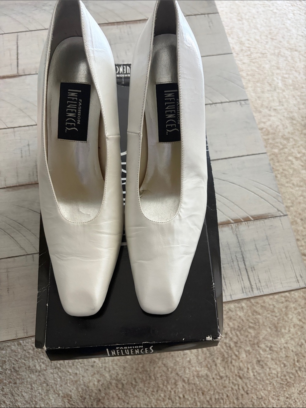 White Leather Square-Toe Heels